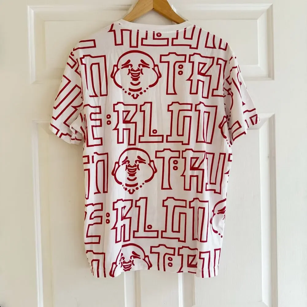 True Religion T-Shirt Mens Large‎ White Red All Over Print Buddha Graphic Y2K